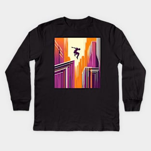 Jumping between buildings Kids Long Sleeve T-Shirt